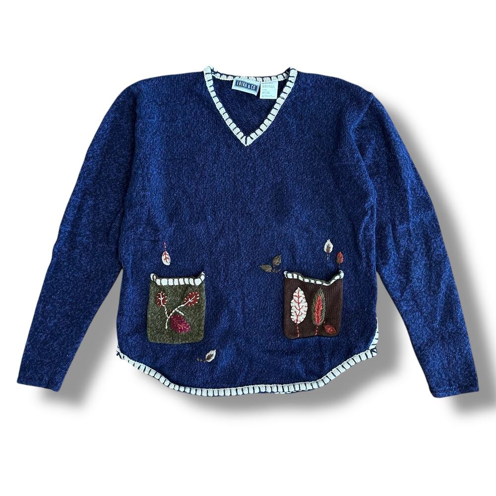 Erika & Co Vintage Embroidered Leaf‎ Sweater Navy Blue M Fall Cottagecore